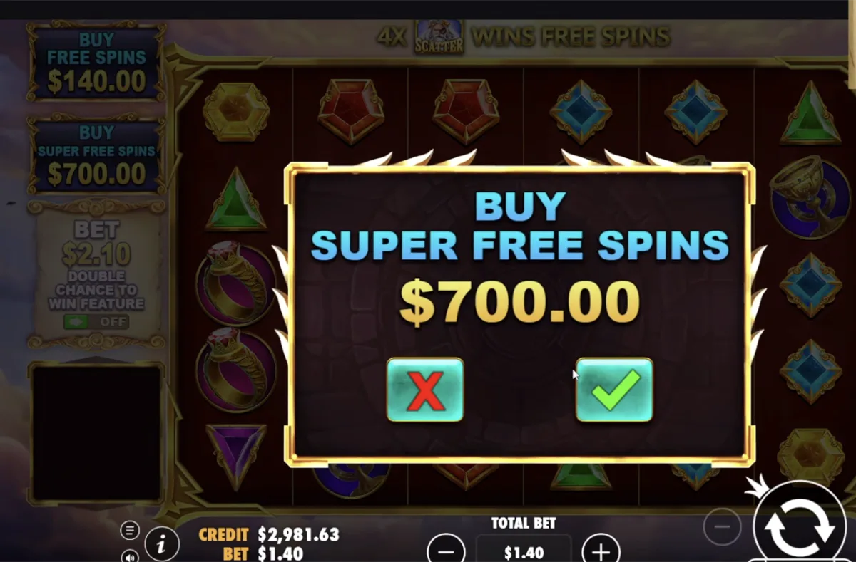 Buy Super Free Spins confirmation screen showing the 500x stake cost on Gates of Olympus Super Scatter