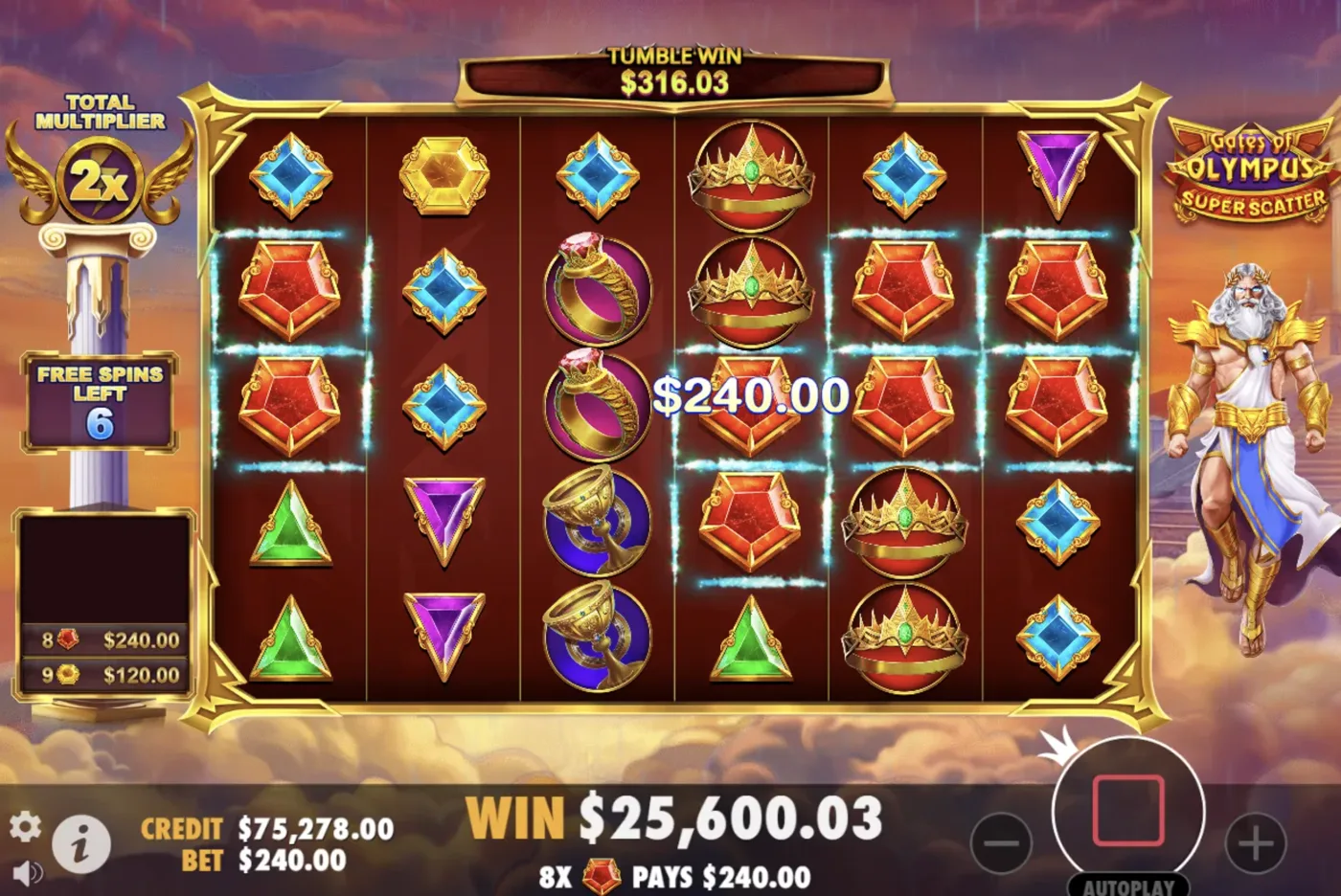 Gates of Olympus Super Scatter gameplay screen with Zeus and gem symbols