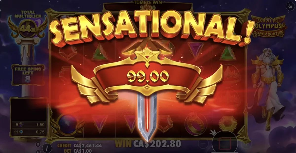 Gates of Olympus Super Scatter big win celebration screen