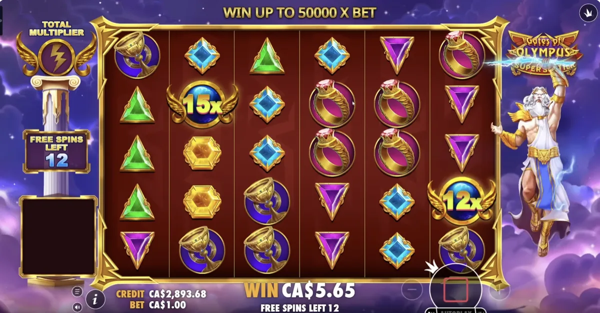 In-game screen showing Win Up To 50000x Bet on Gates of Olympus Super Scatter